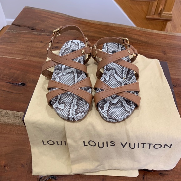 Louis Vuitton Python Sandals tan brown 36 6 snakeskin leather LV gold logo strap - Picture 3 of 16